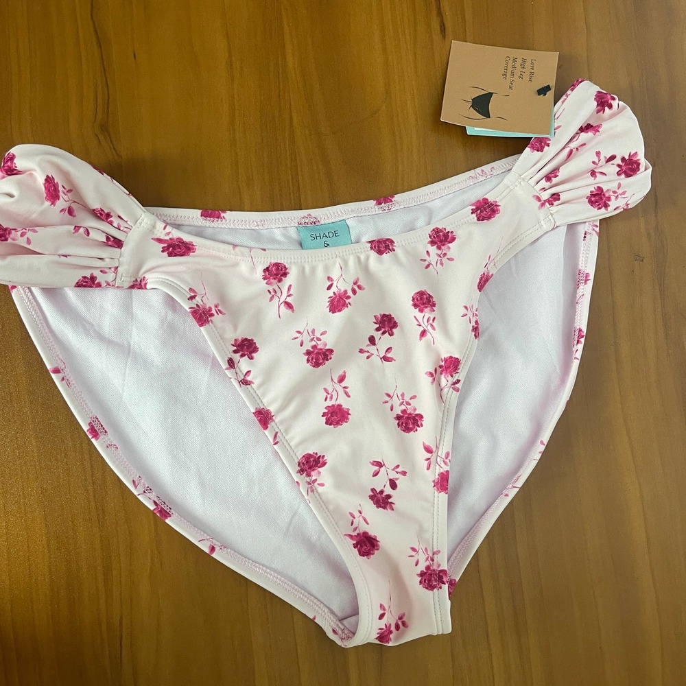 Shade & Shore Pink Floral Bikini Bottom Low Rise High Leg Ruched Swimsuit Large